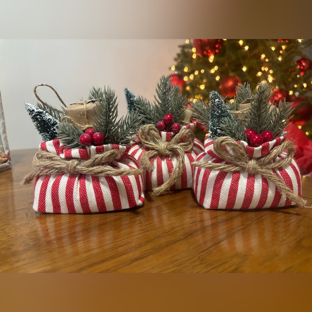 Festive Red and White Striped Holiday Decor Set of 3 ornaments
